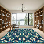 Teal Blue Geometric Rose Medallion Rug