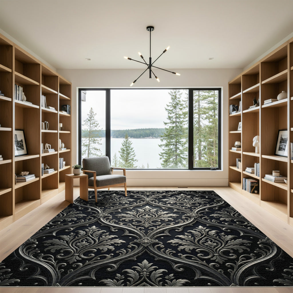 Intricate Silver Black Damask Scroll Rug