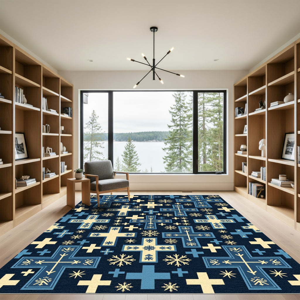 Navy Blue And Cream Cross Snowflake Pattern Rug