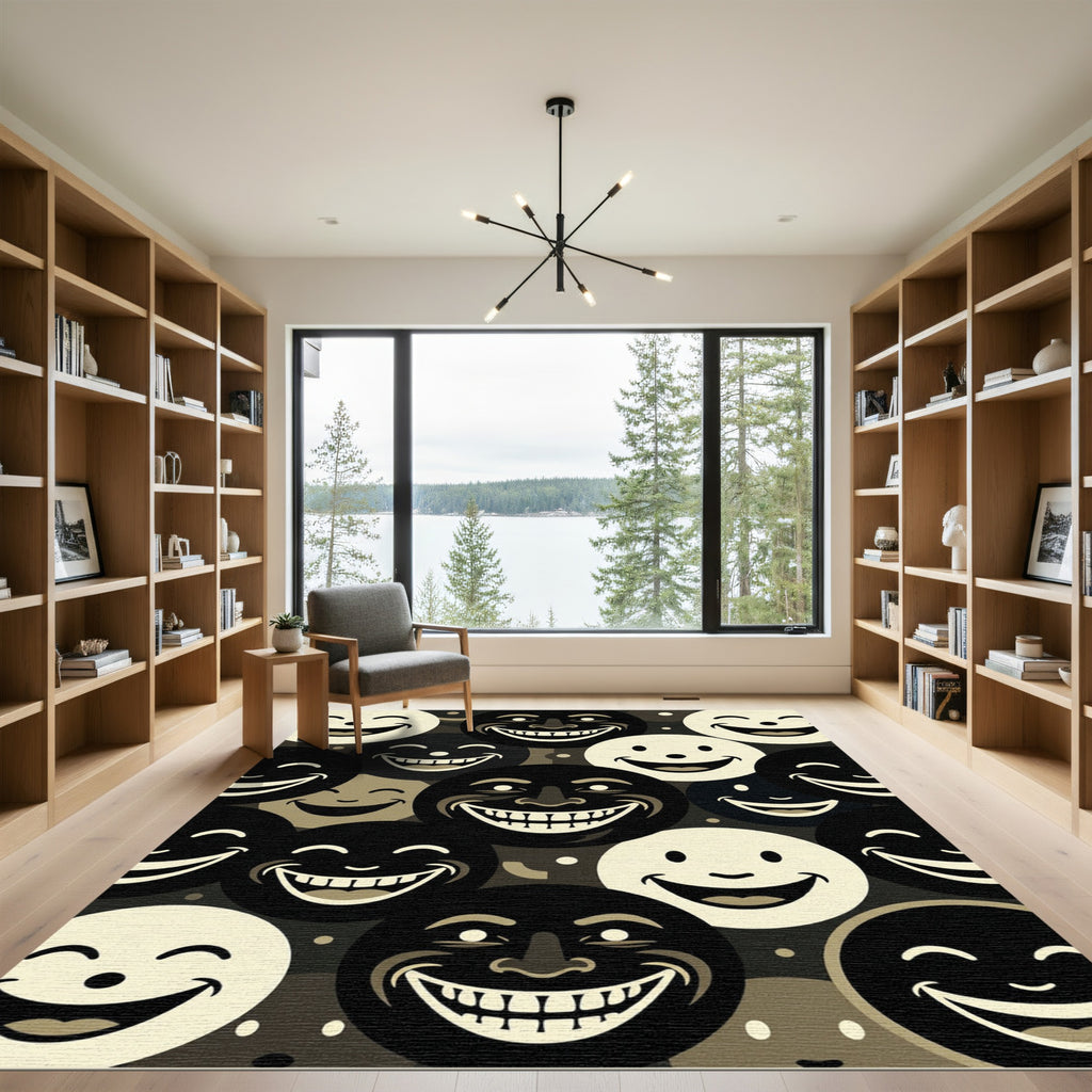 Modern Monochrome Smiling Face Grid Rug