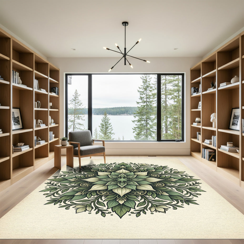Elegant Emerald Botanical Leaf Mandala Rug