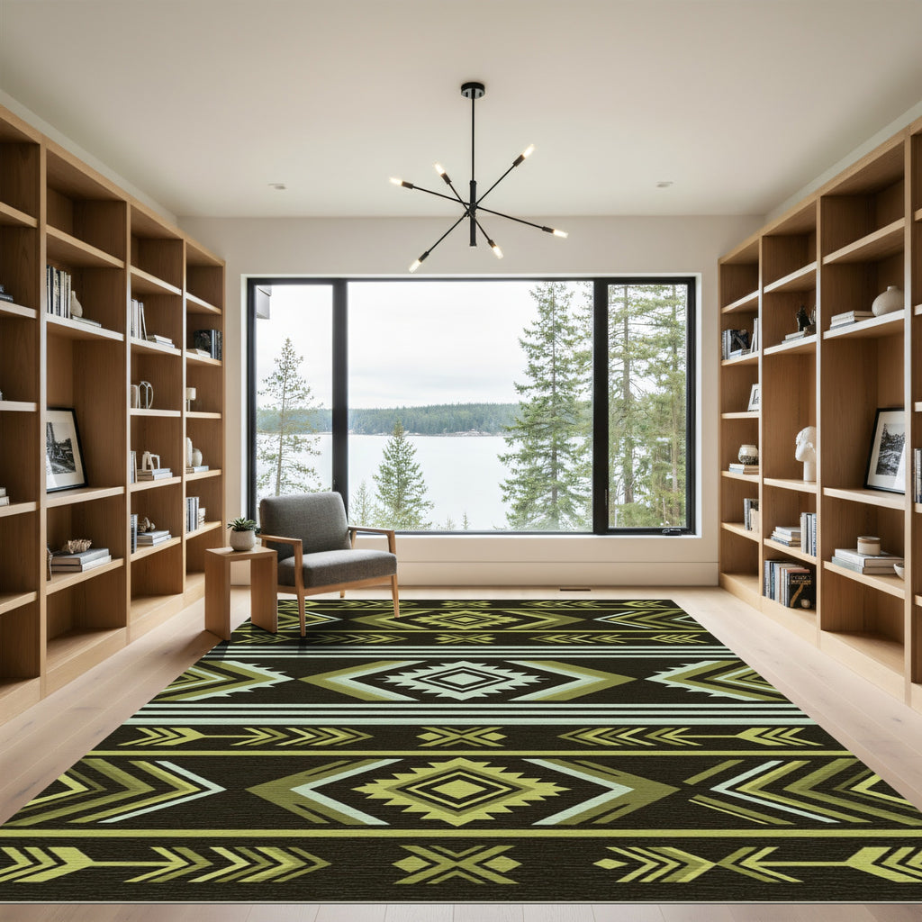 Earthy Green Geometric Tribal Arrow Rug