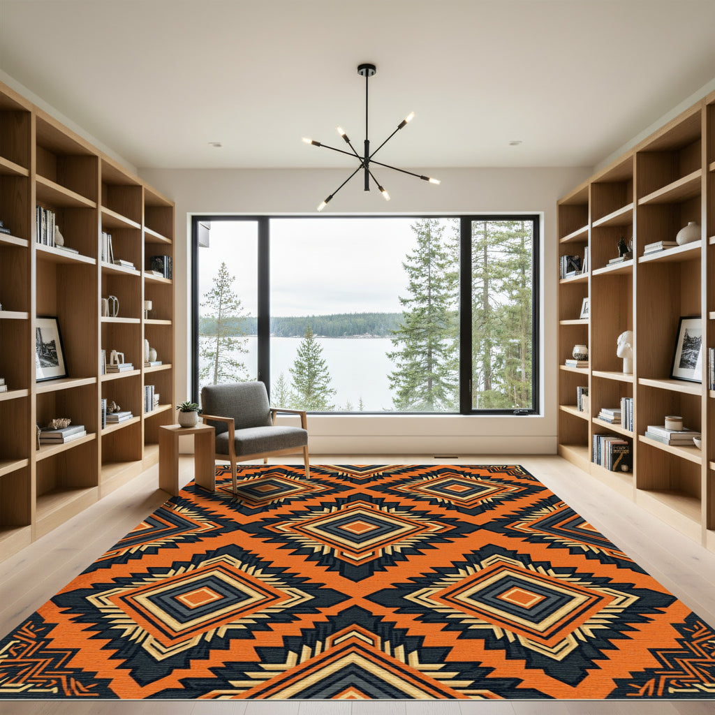 Bold Burnt Orange Geometric Diamond Art Rug