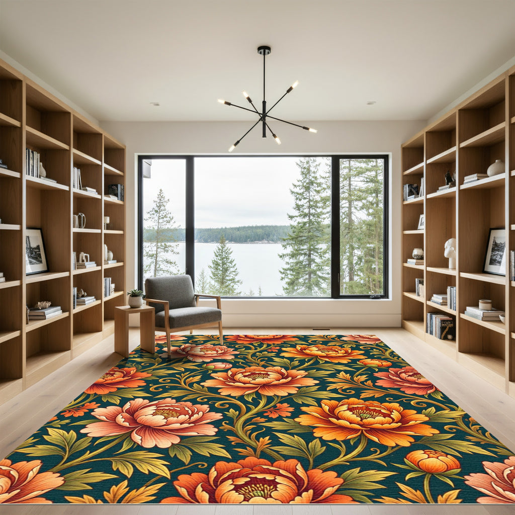 Vibrant Orange Peony Floral Scroll Rug