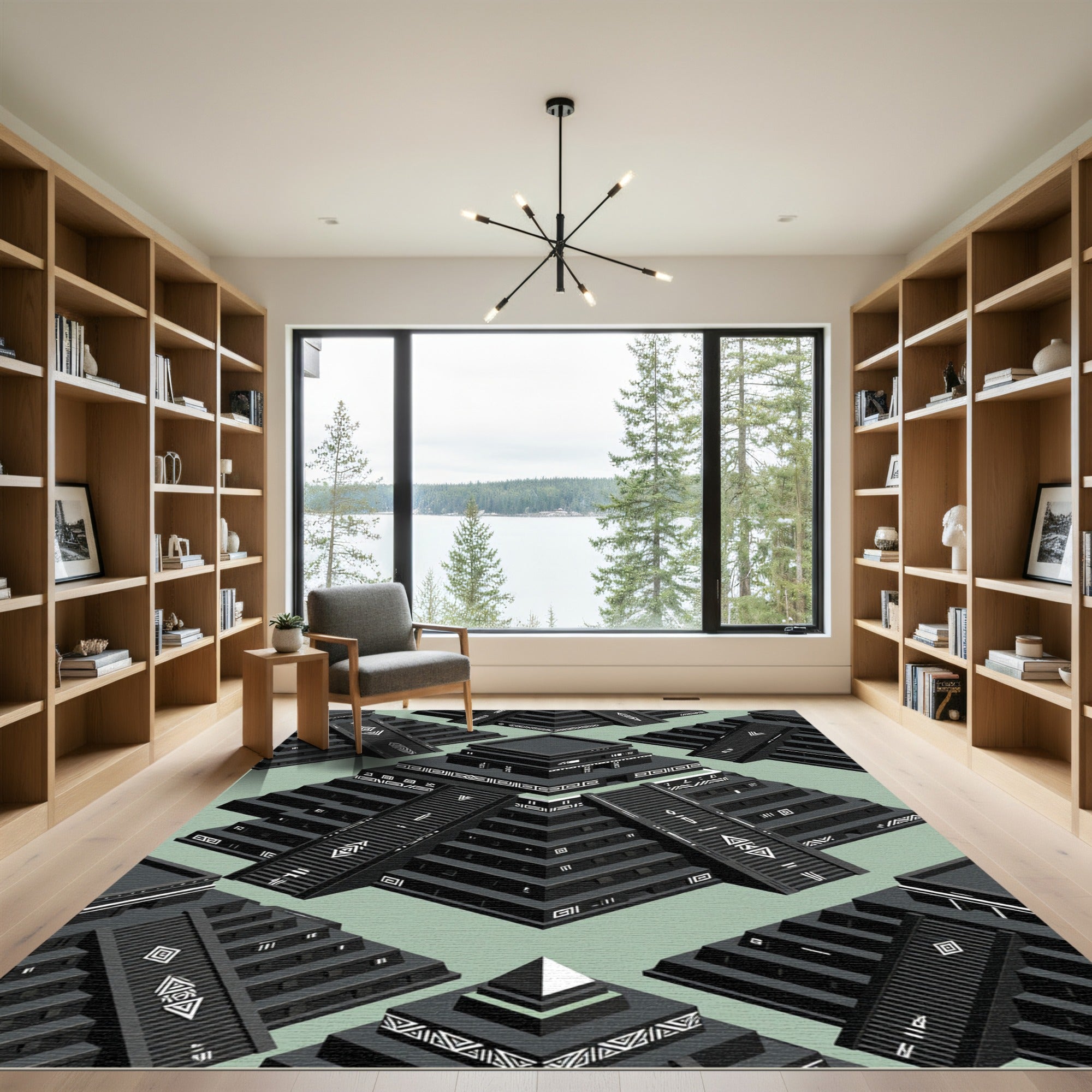 Black Geometric Pyramid Tribal Arrangement Rug