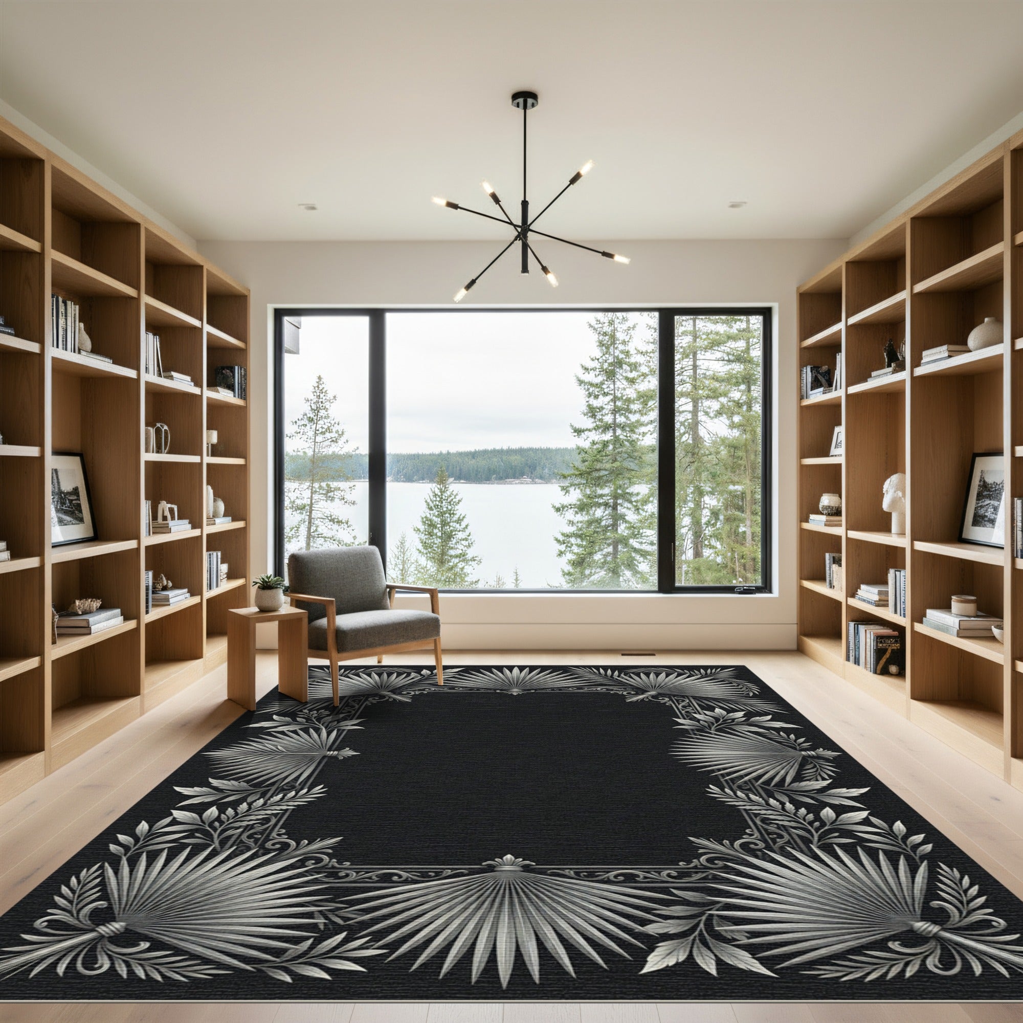 Silver Tropical Fan Leaf Border Rug