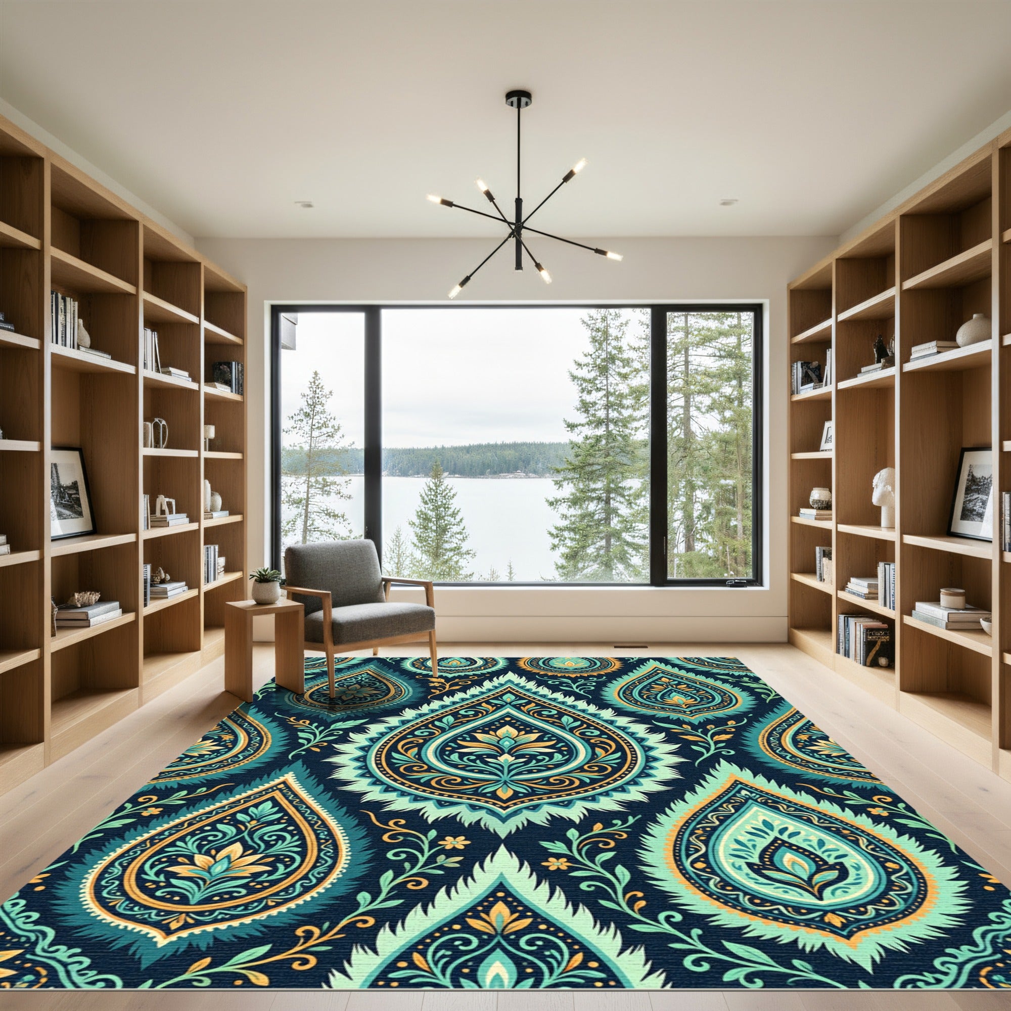 Teal Gold Paisley Floral Damask Rug
