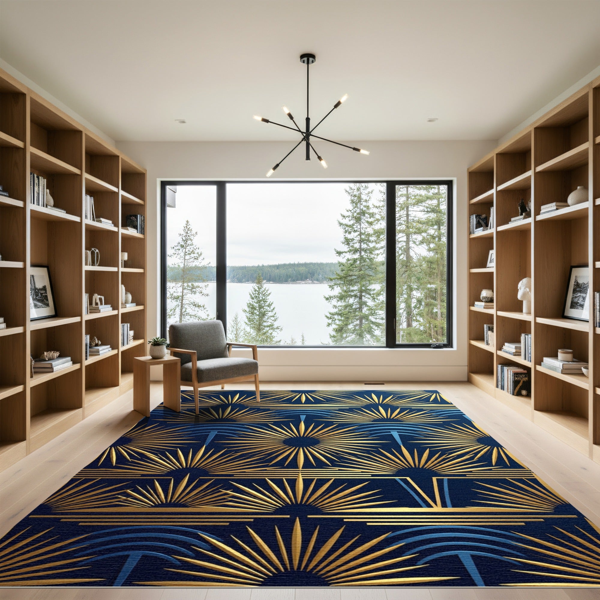Art Deco Navy Gold Sunburst Rug