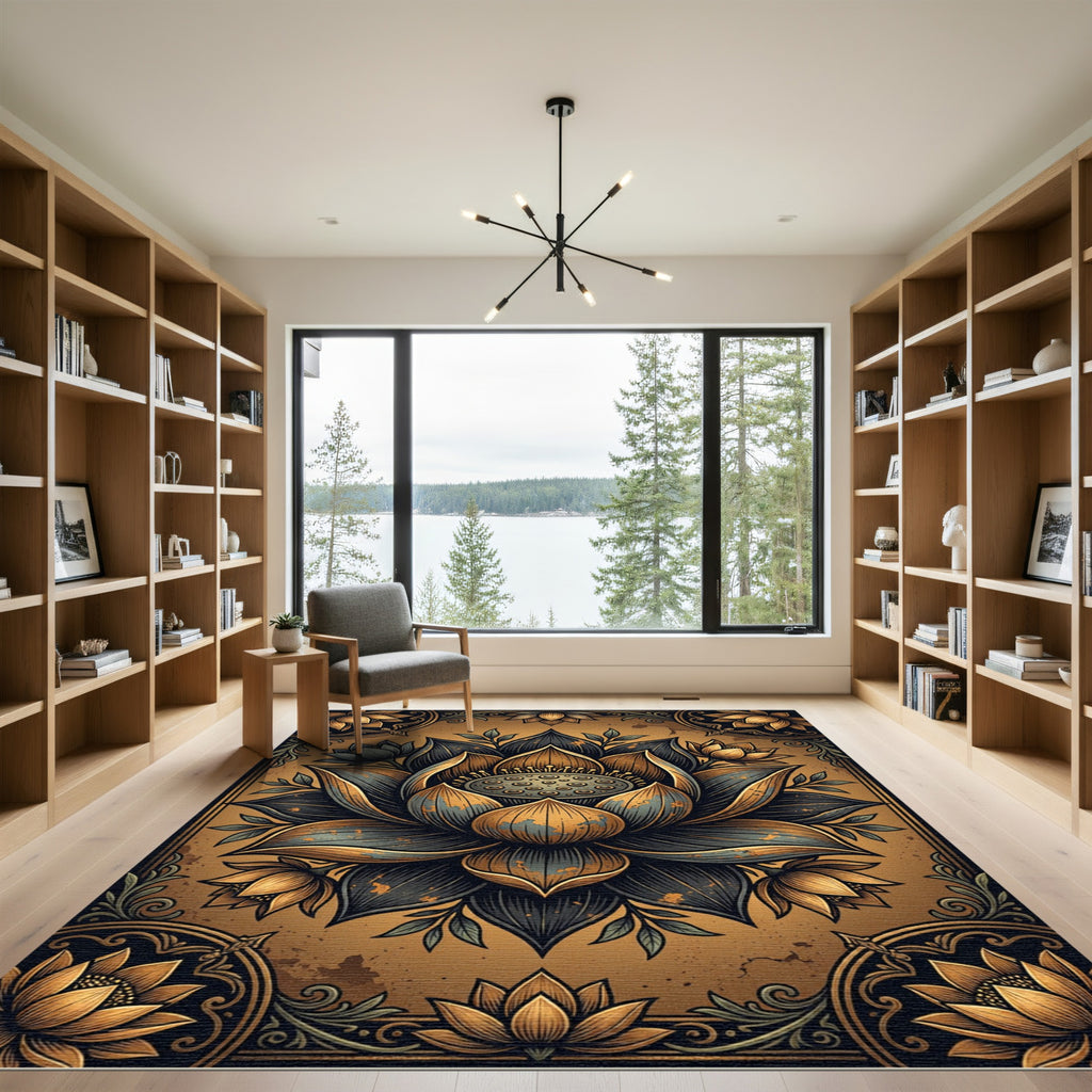 Metallic Gold and Slate Lotus Flower Rug