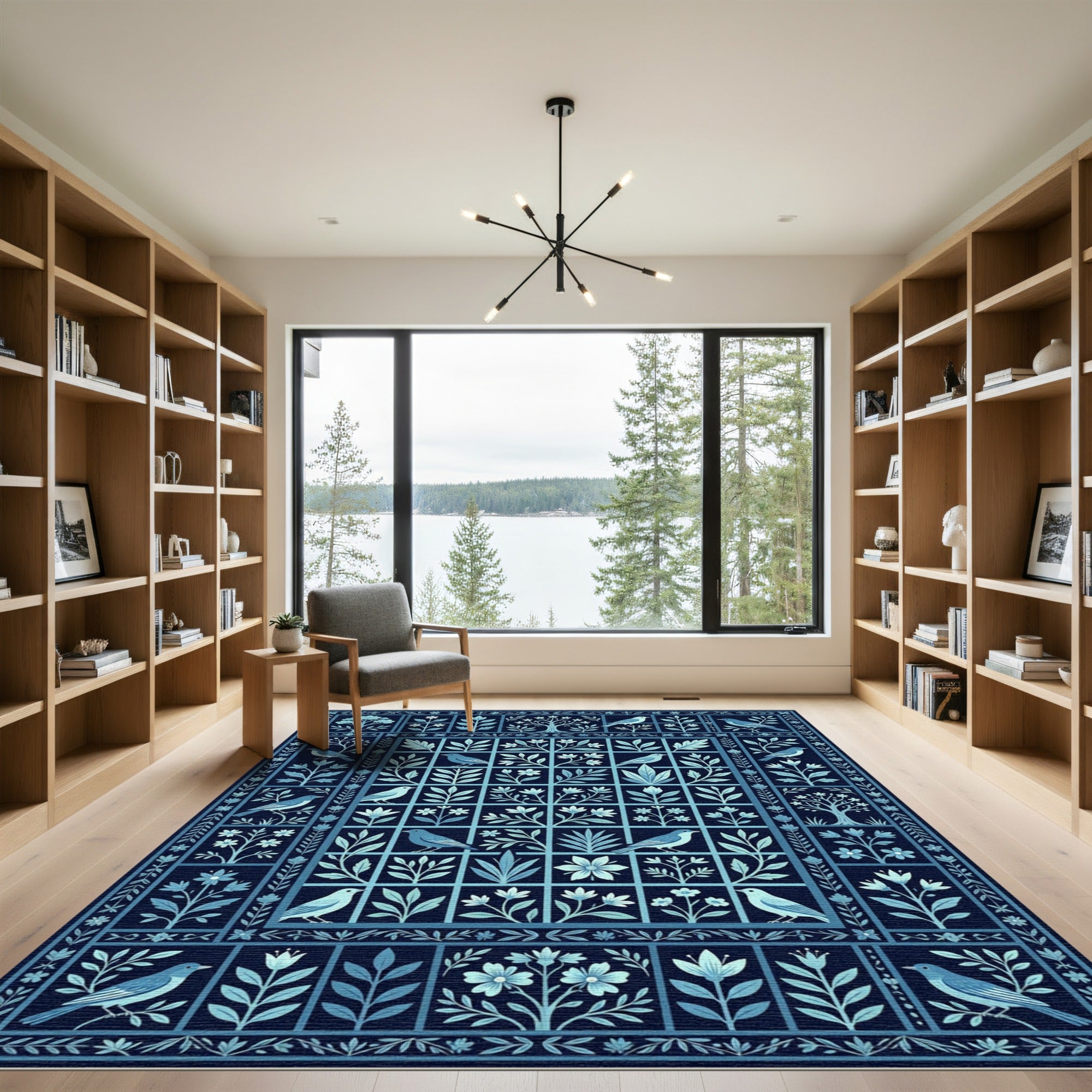 Deep Blue Avian Floral Garden Rug