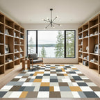 Geometric Ochre Gray White Squares Rug