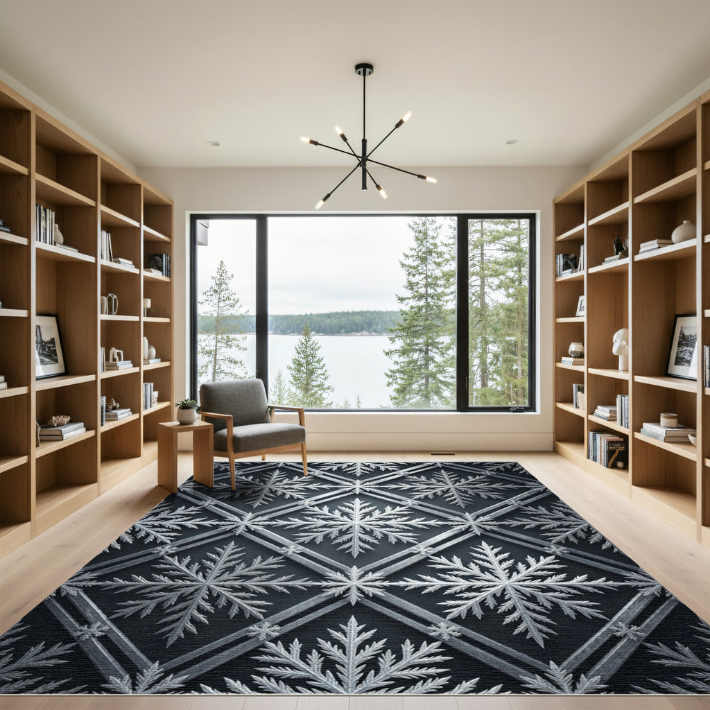 Silver Winter Snowflake Geometric Grid Rug