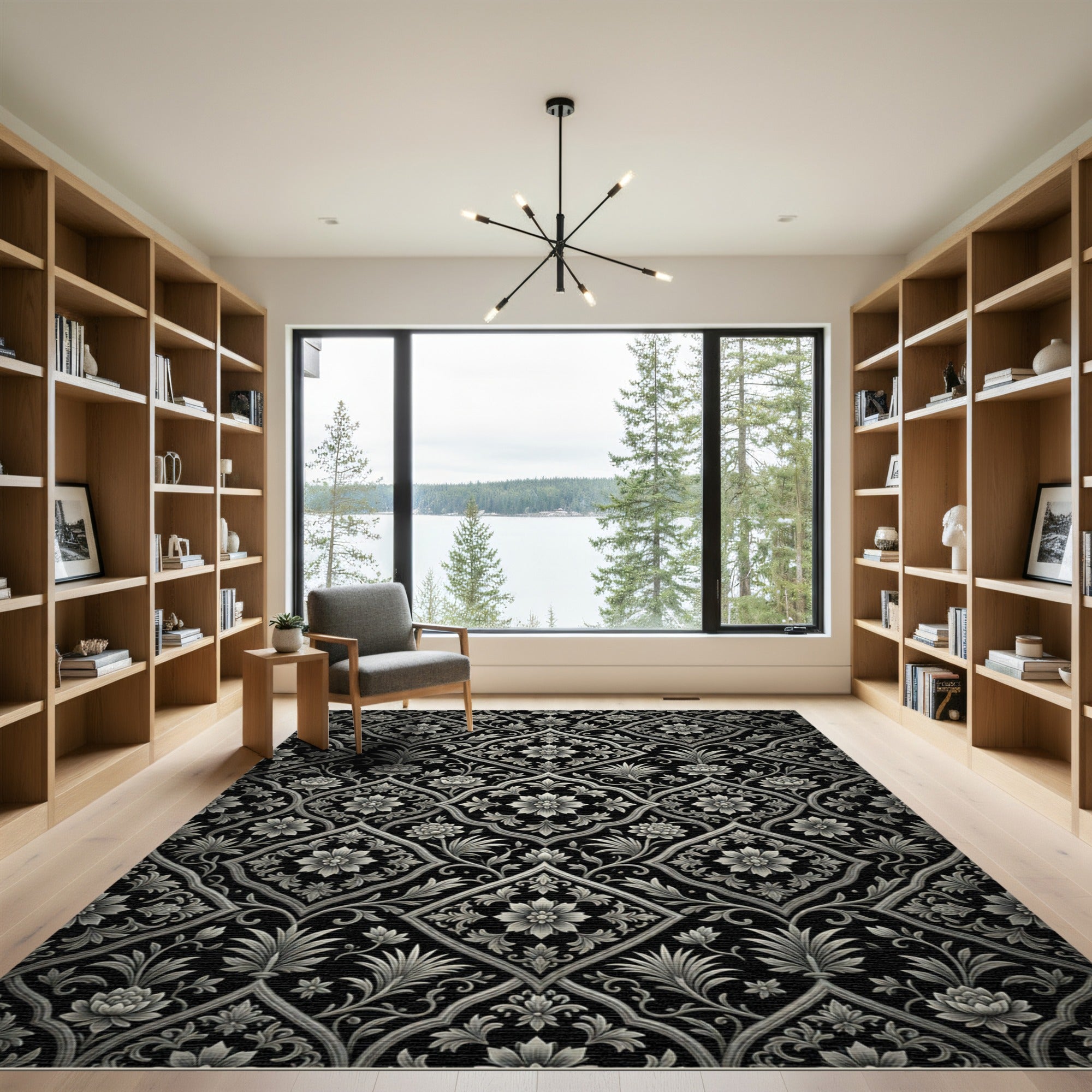 Ornate Black Floral Lattice Relief Rug