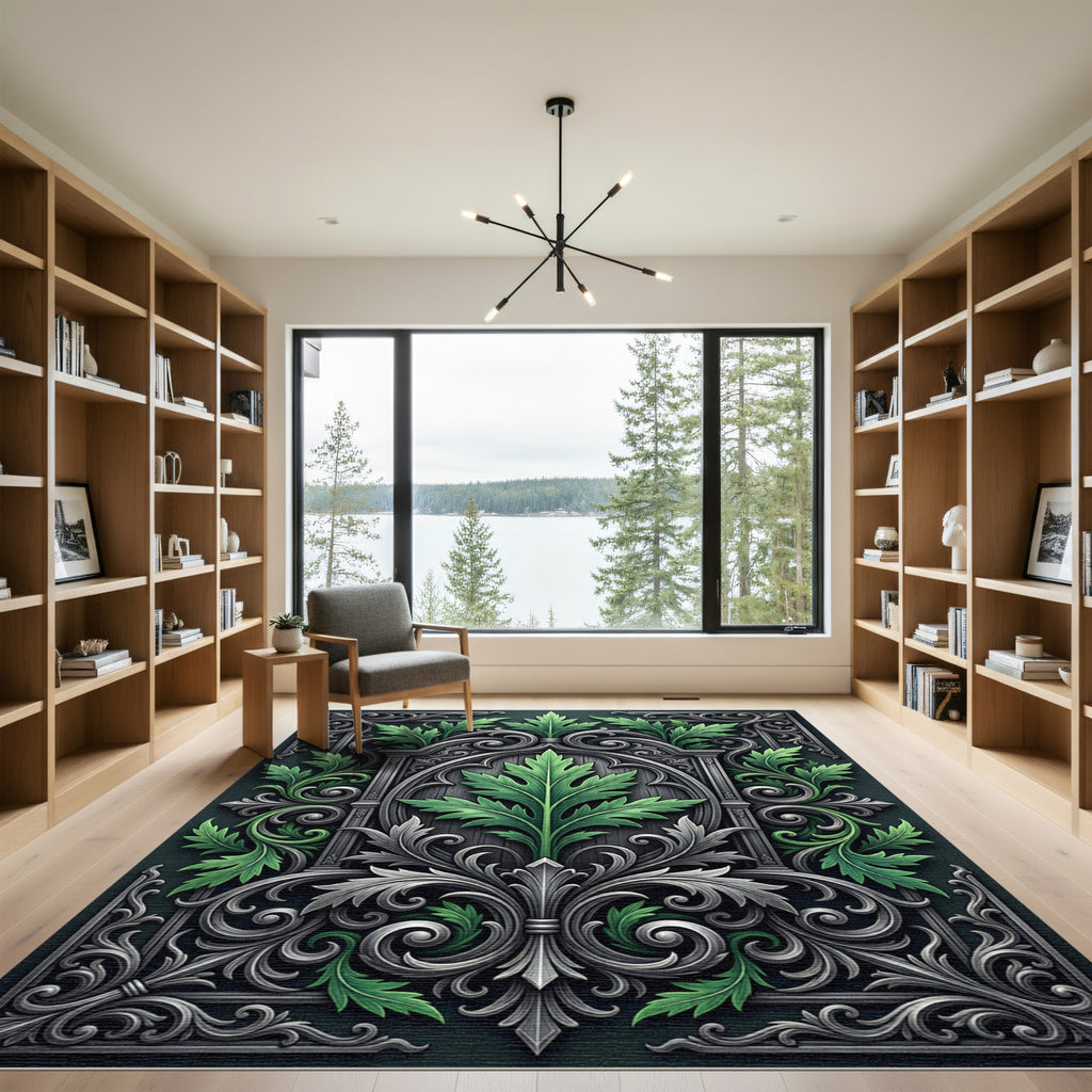 Ornate Emerald Foliage Silver Filigree Rug