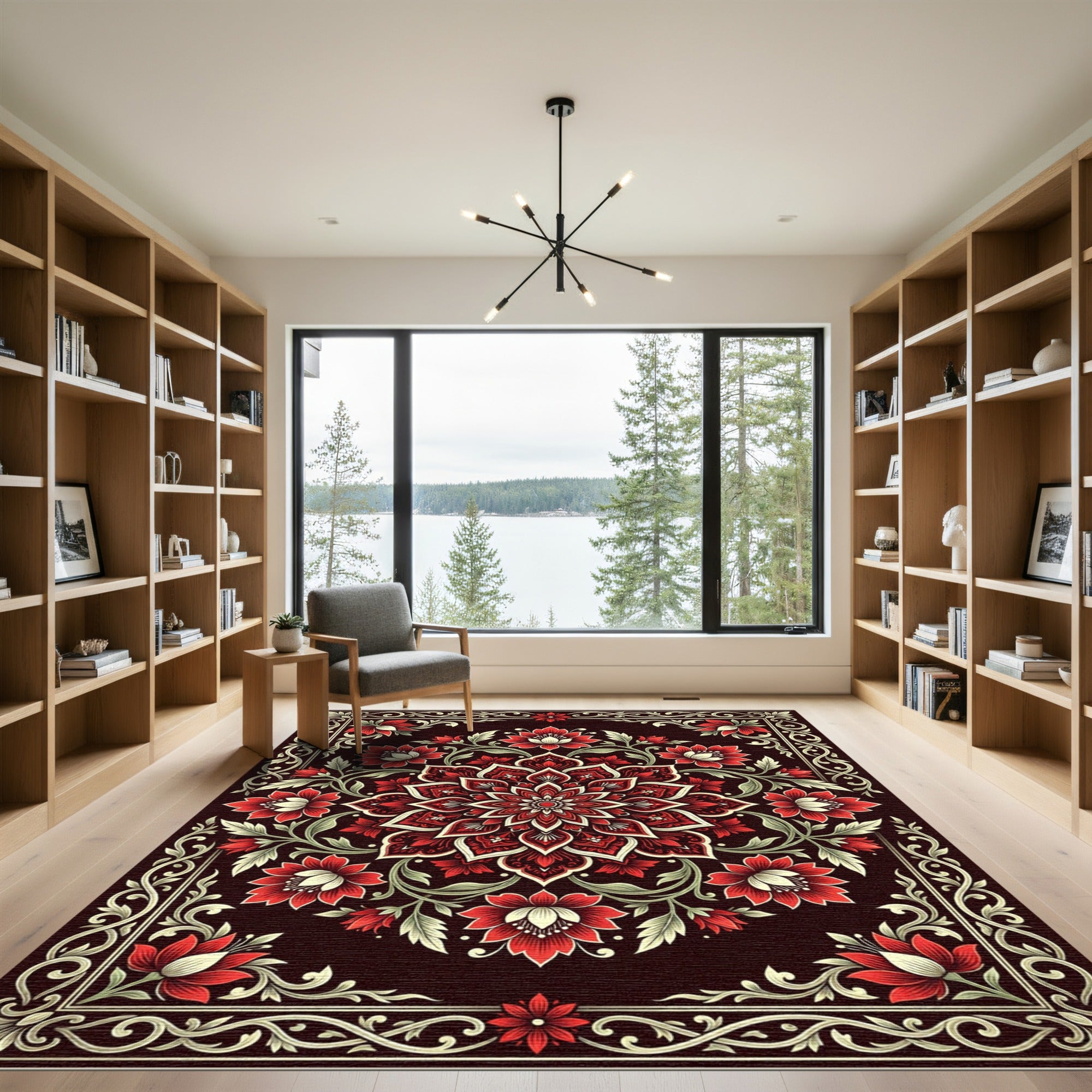 Crimson Floral Mandala Dark Botanical Rug