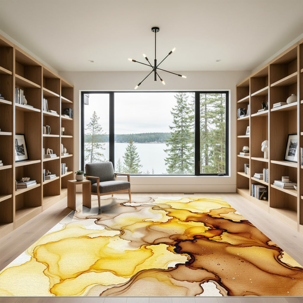 Golden Ochre Flowing Alcohol Ink Abstract Rug