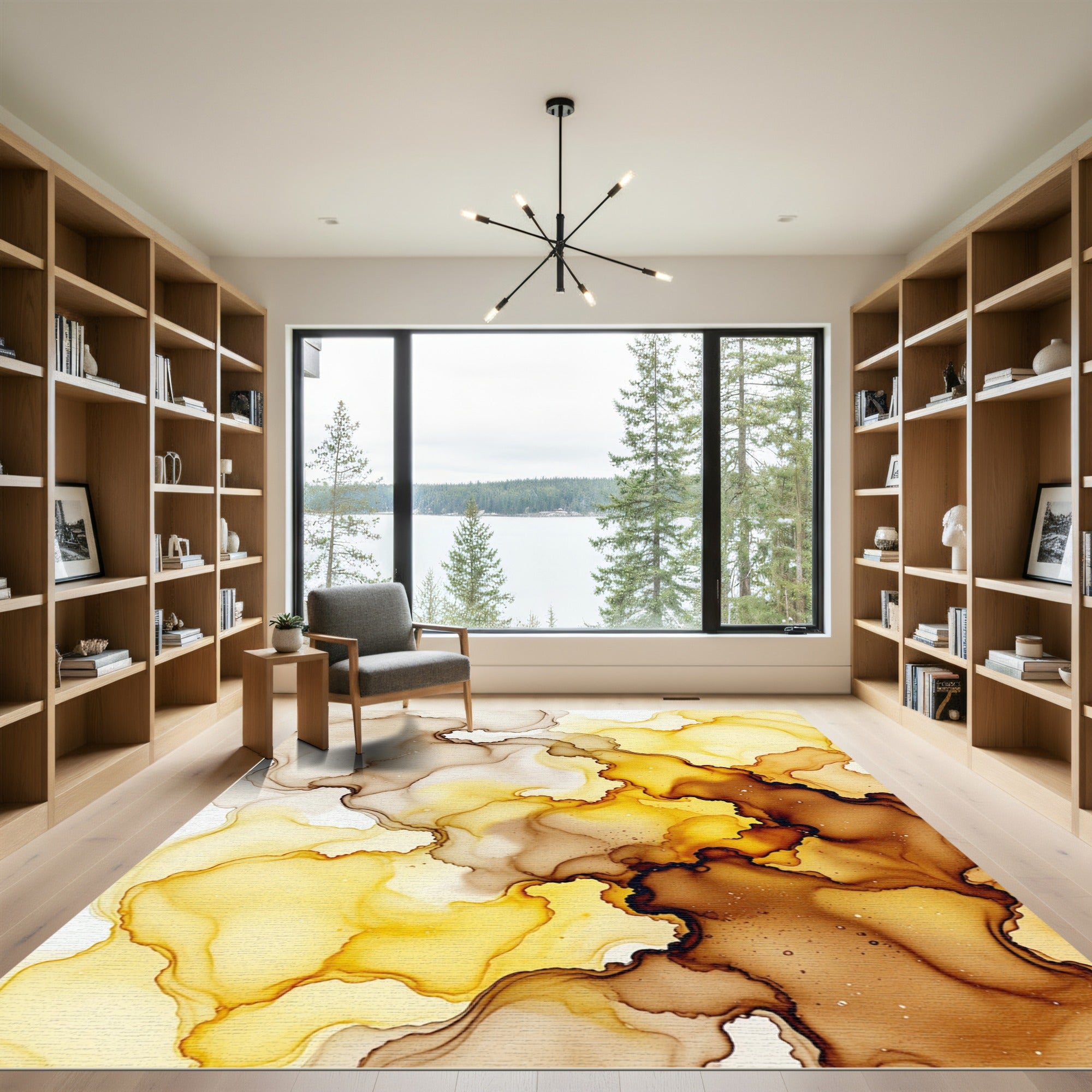 Golden Ochre Flowing Alcohol Ink Abstract Rug