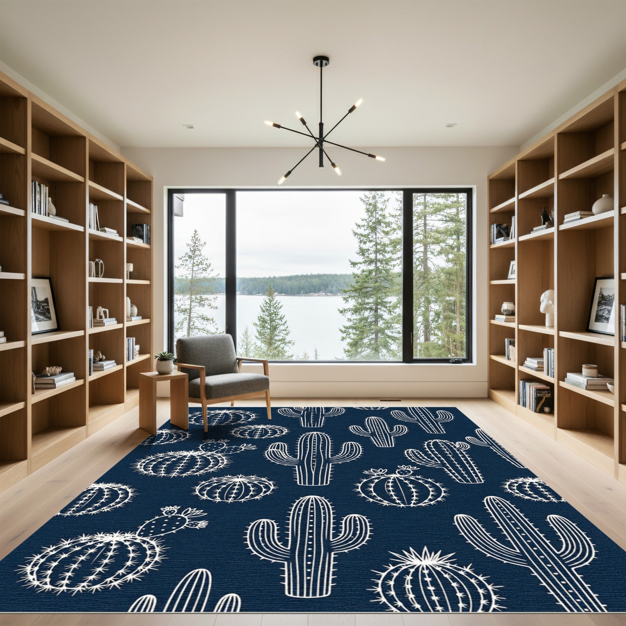 Navy Blue Botanical Cactus Silhouette Rug