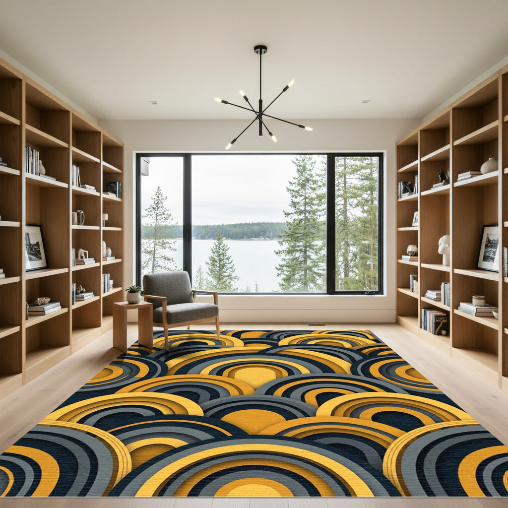 Layered Yellow Gray Arch Composition Rug