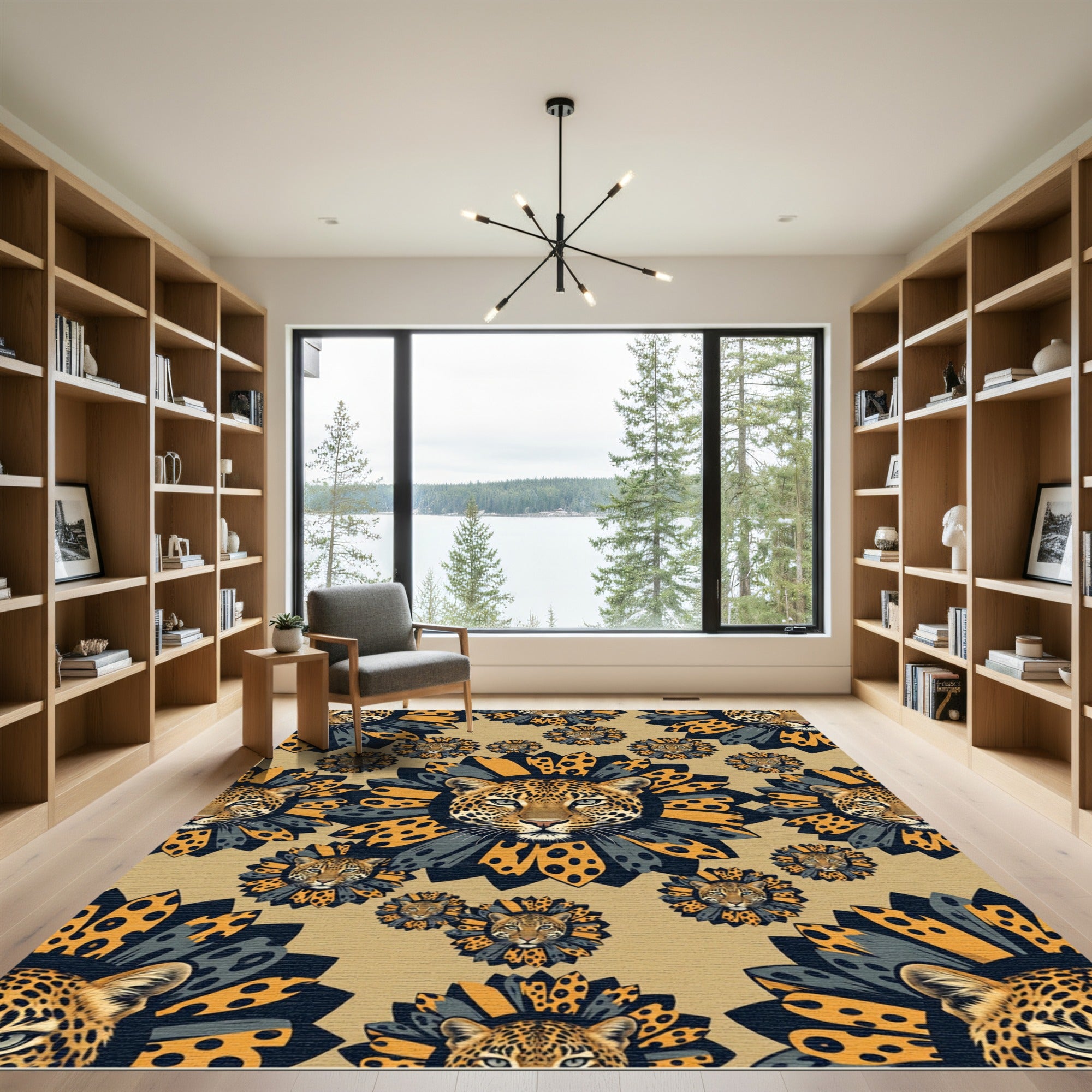 Leopard Face Sunburst Teal Gray Rug