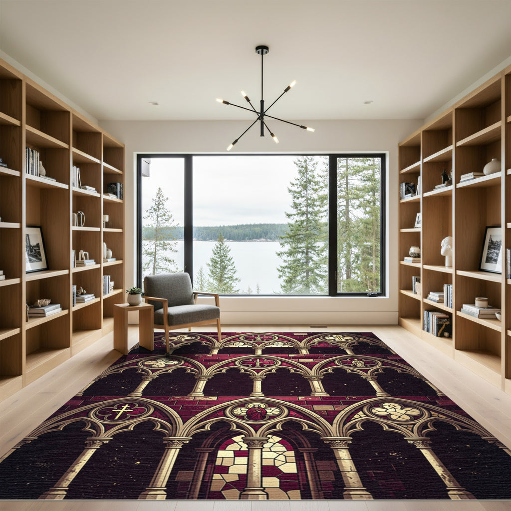 Gothic Cathedral Burgundy Arch Medallion Rug
