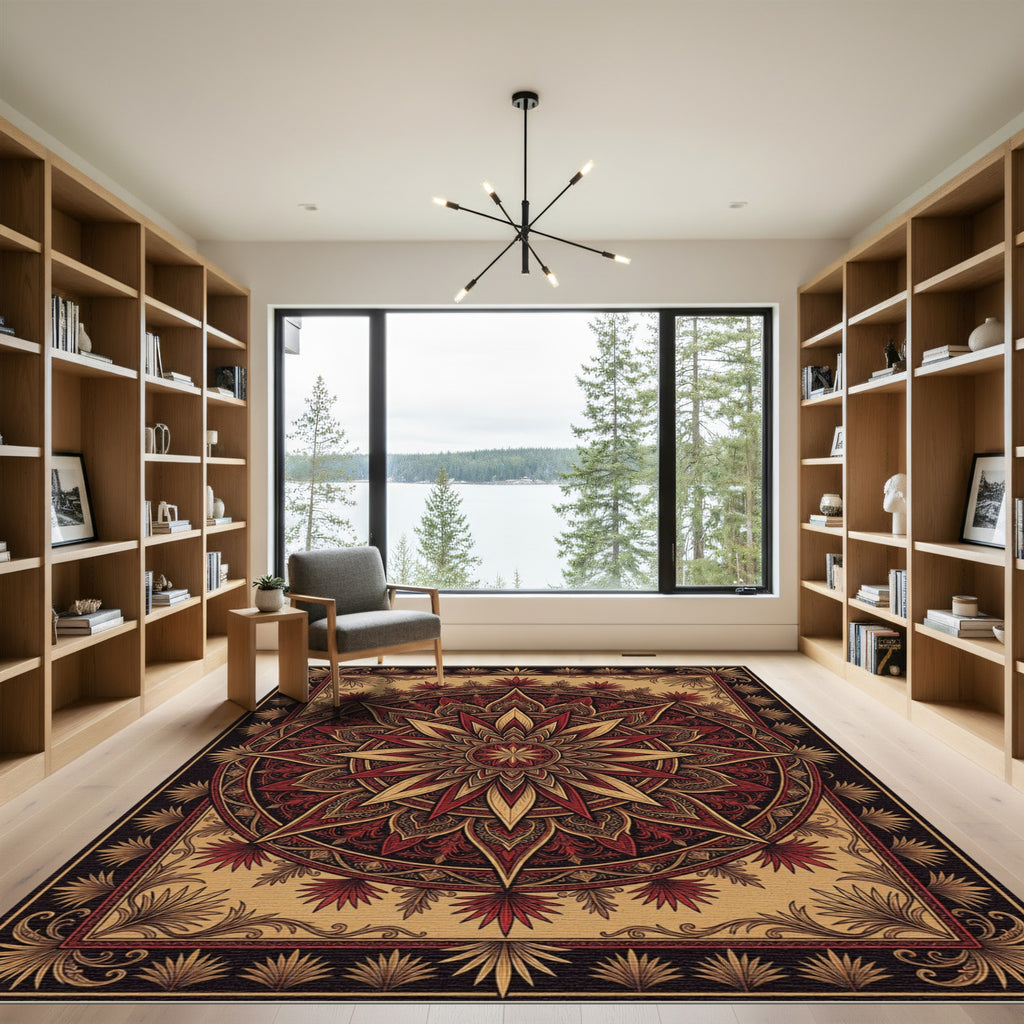 Crimson Gold Starburst Mandala Rug