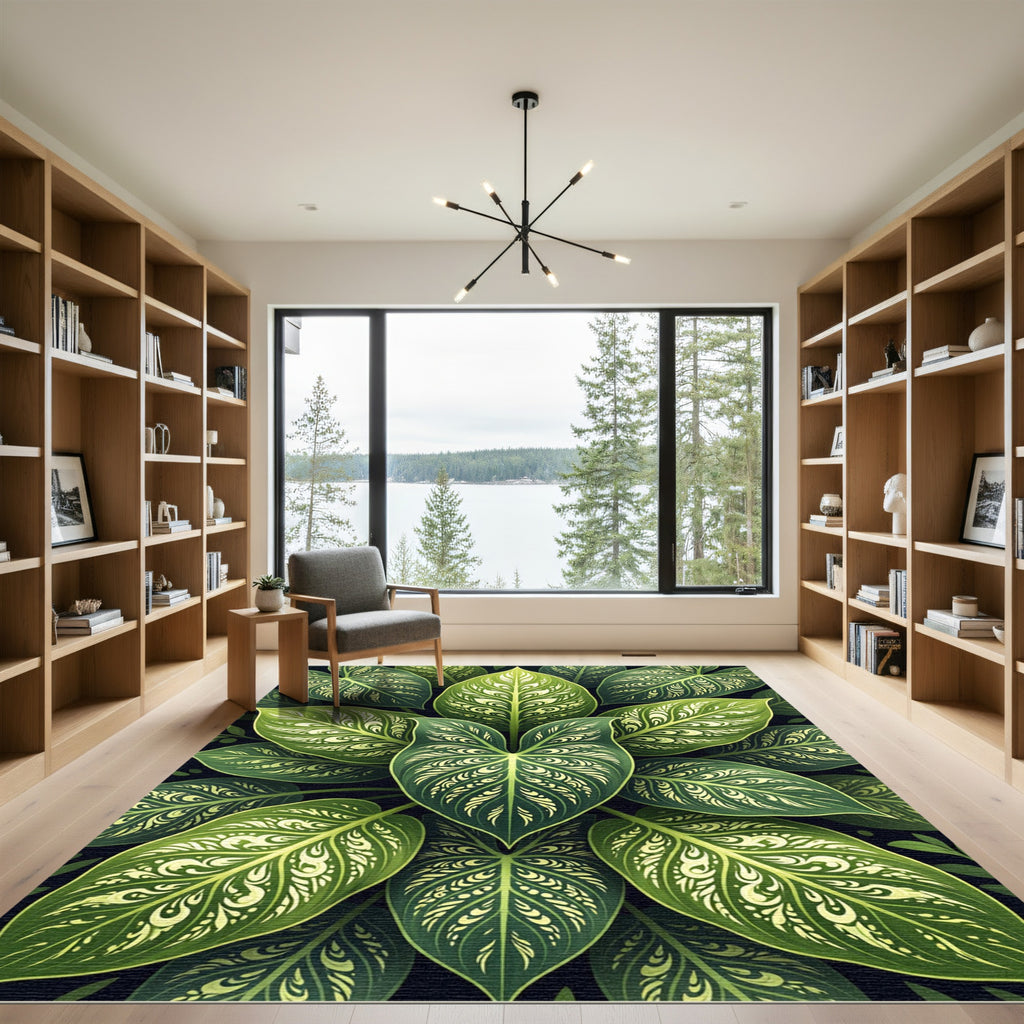 Lush Verdant Tropical Botanical Foliage Rug