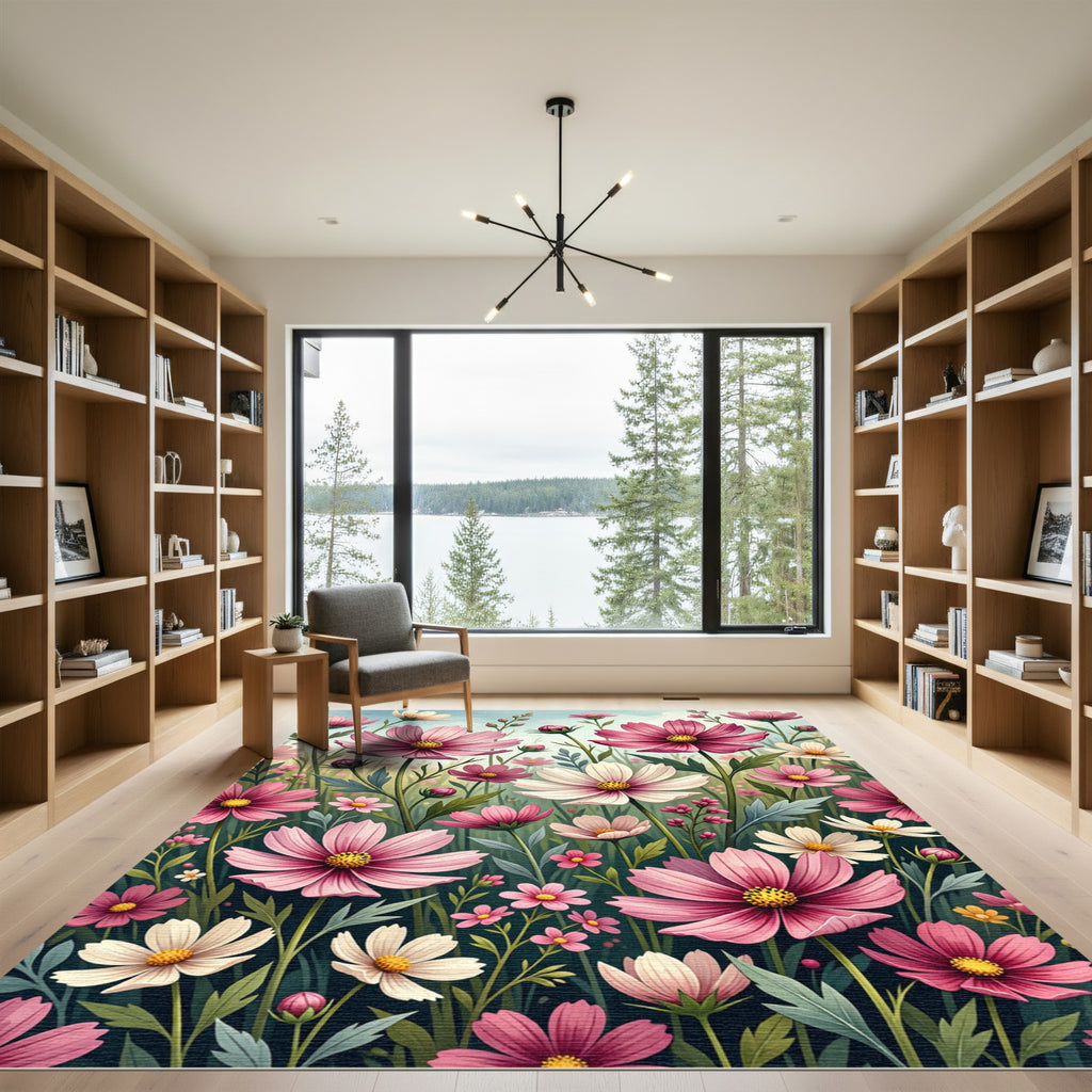 Whimsical Pink Cosmos Flower Field Rug