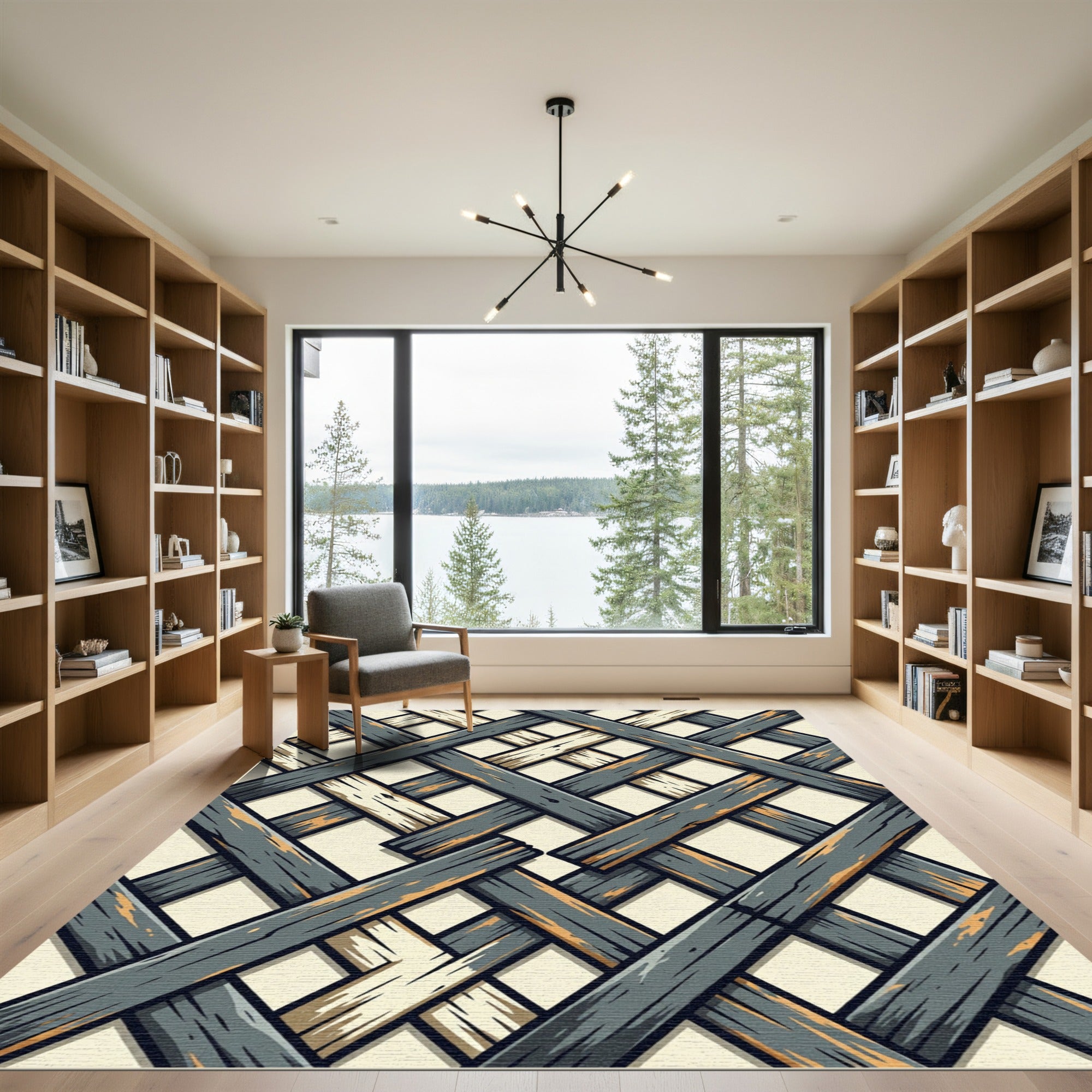 Woven Slate and Cream Lattice Grid Rug