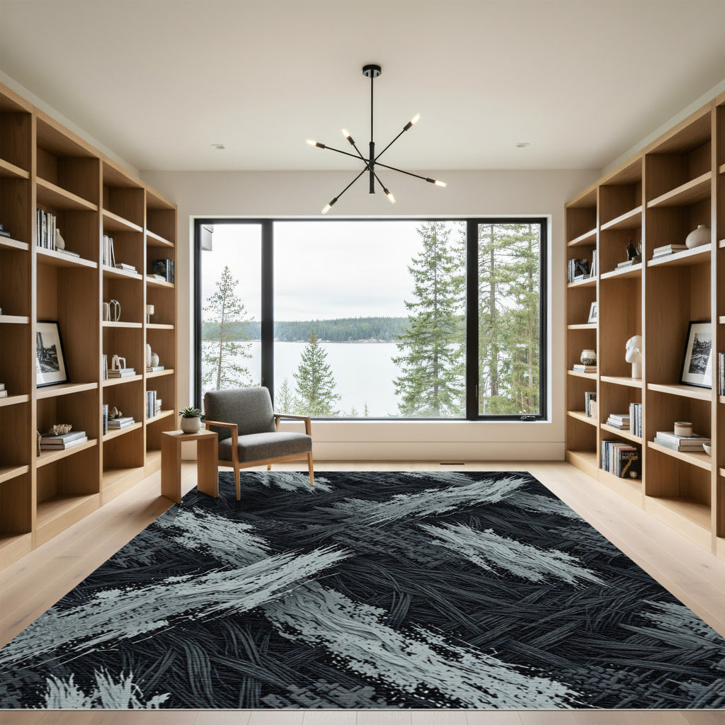 Monochrome Abstract Brushstroke Charcoal Woven Texture Rug