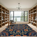 Ornate Blue Orange Floral Fish Medallion Rug