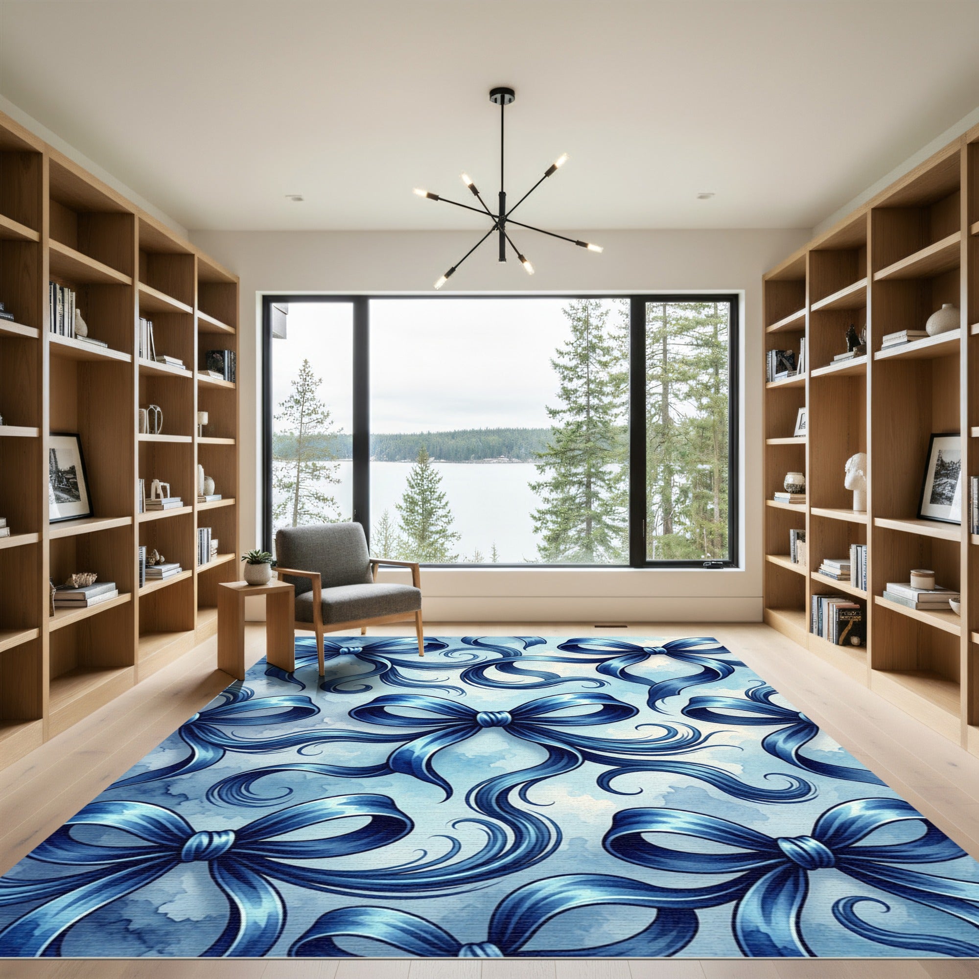 Elegant Navy Blue Silk Ribbon Bows Rug