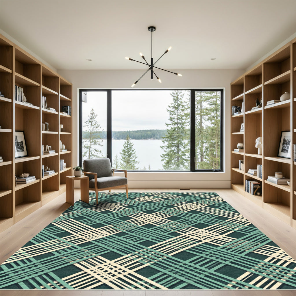 Sage and Cream Interwoven Geometric Lattice Rug