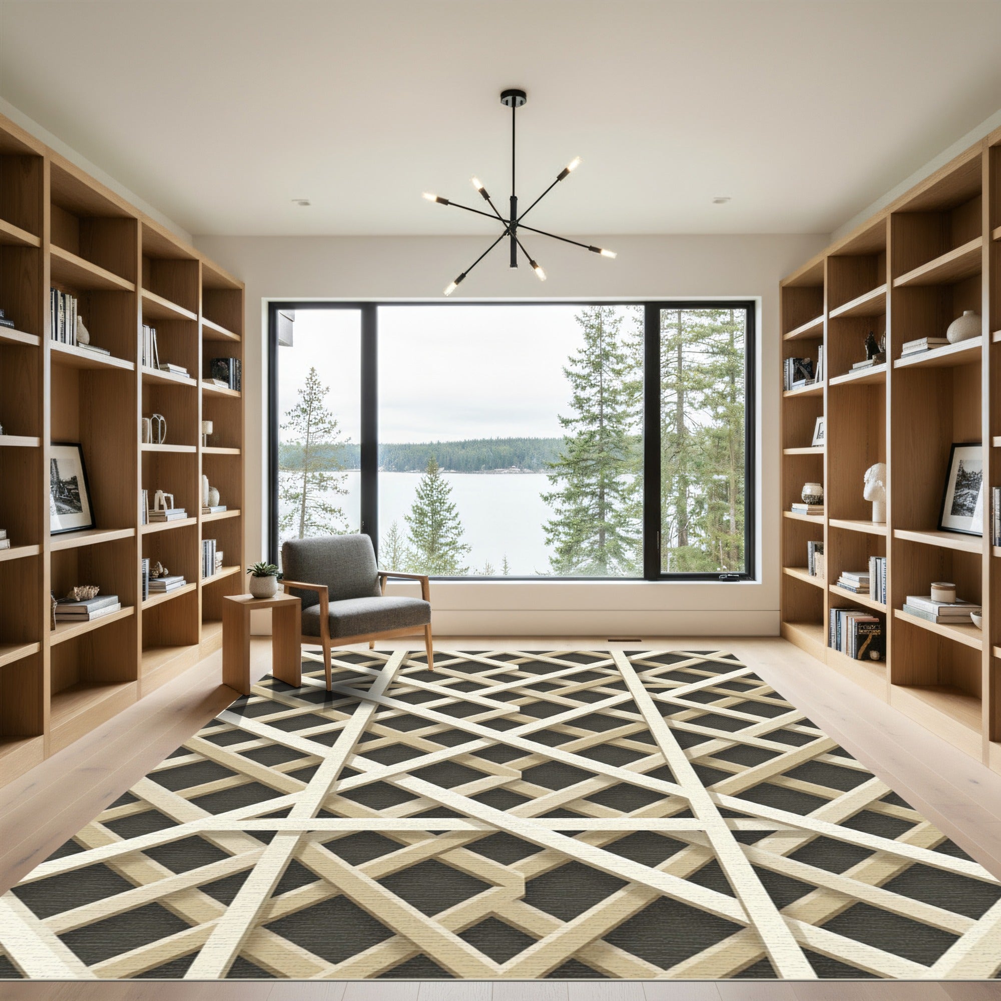 Sophisticated Neutral Geometric Interwoven Lattice Rug