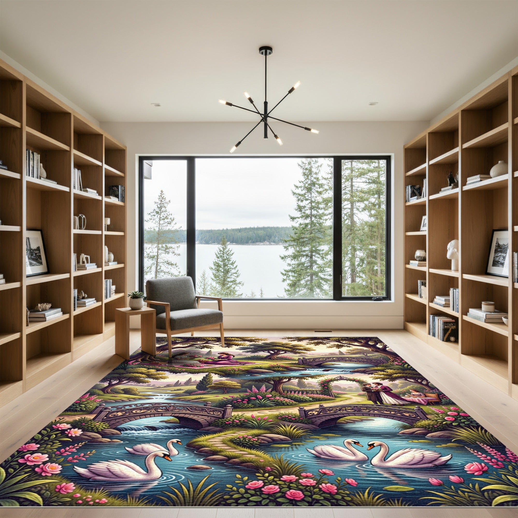 Romantic Garden Scene Swans Bicycles Rug