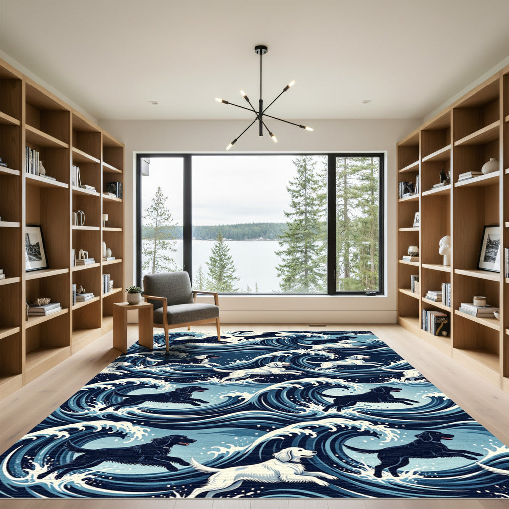 Majestic Indigo Hokusai Inspired Dog Waves Rug