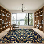 Golden Floral Medallion Navy Foliage Rug