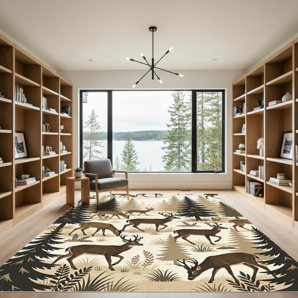 Earthy Forest Deer Woodland Scene Rug