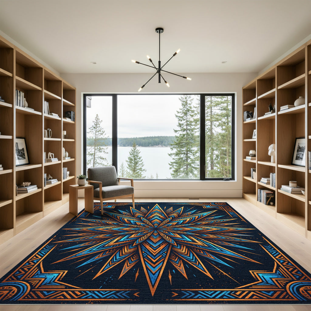 Celestial Blue and Gold Starburst Rug