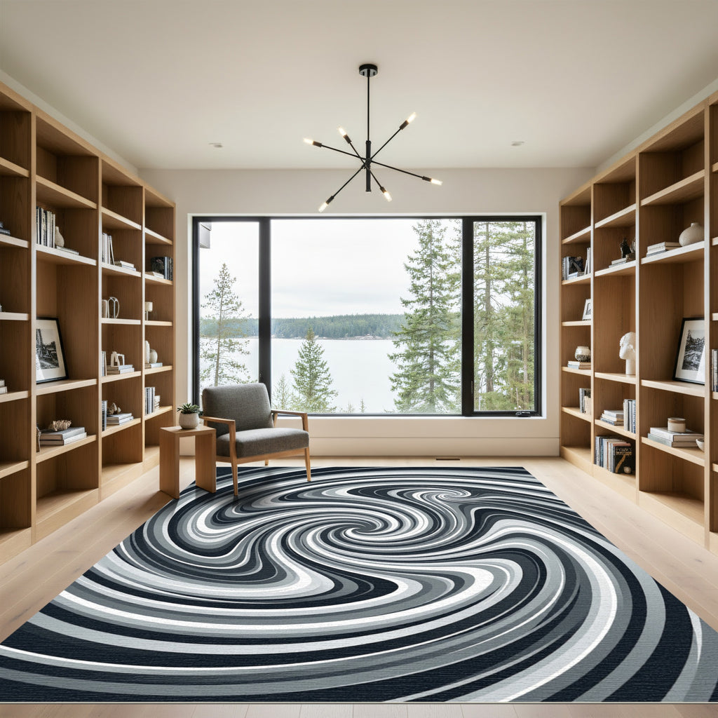 Monochrome Abstract Spiral Swirl Art Rug