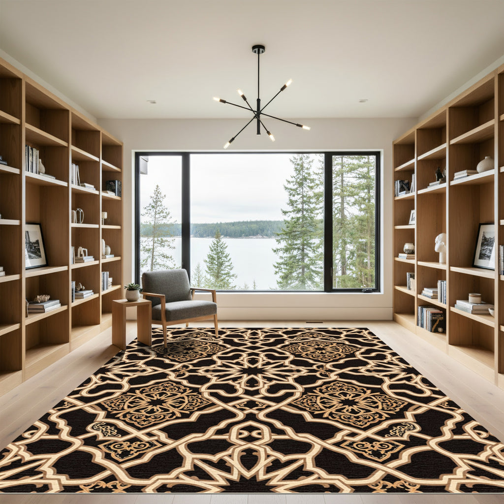 Elegant Gold Geometric Arabesque Tapestry Rug