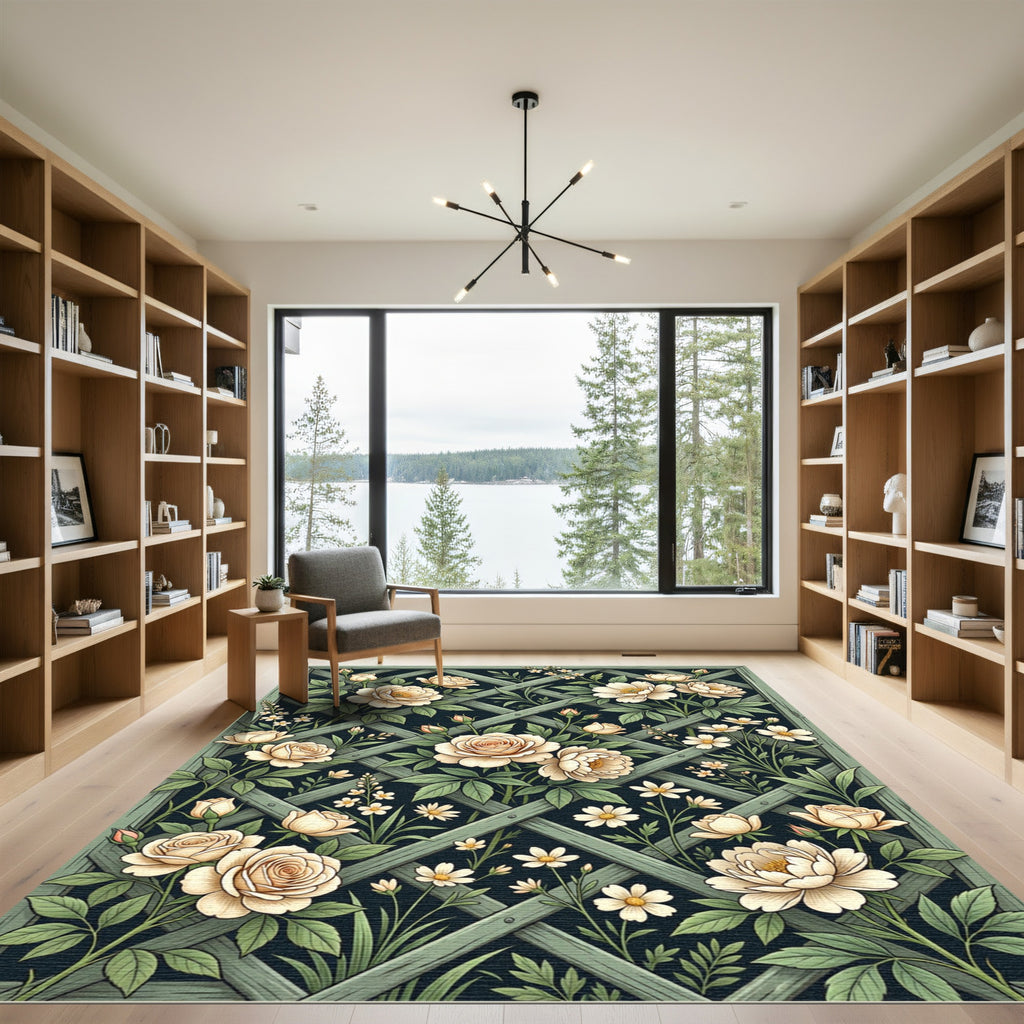 Cream Peony Trellis Botanical Art Rug