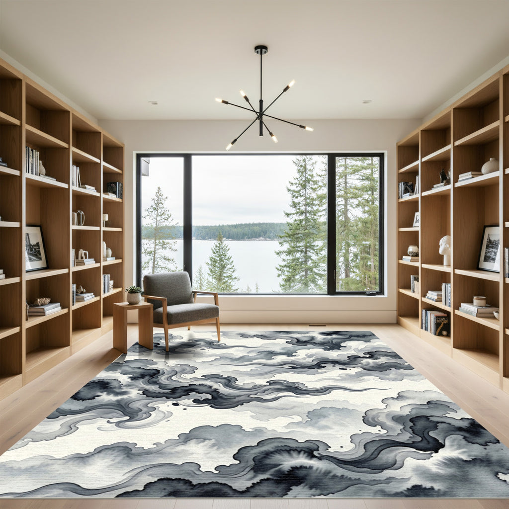 Monochromatic Ink Wash Cloud Swirls Rug