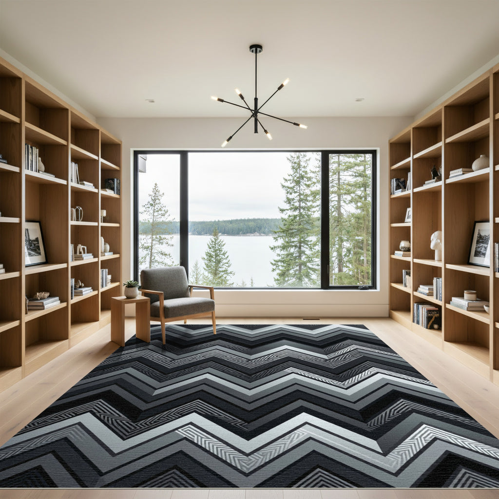 Geometric Monochrome Zigzag Chevron Art Rug