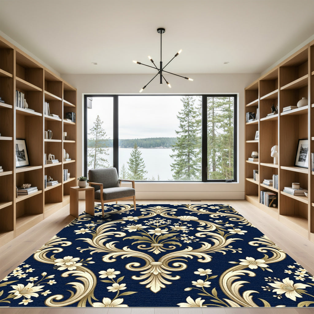 Elegant Navy Gold Baroque Floral Damask Rug