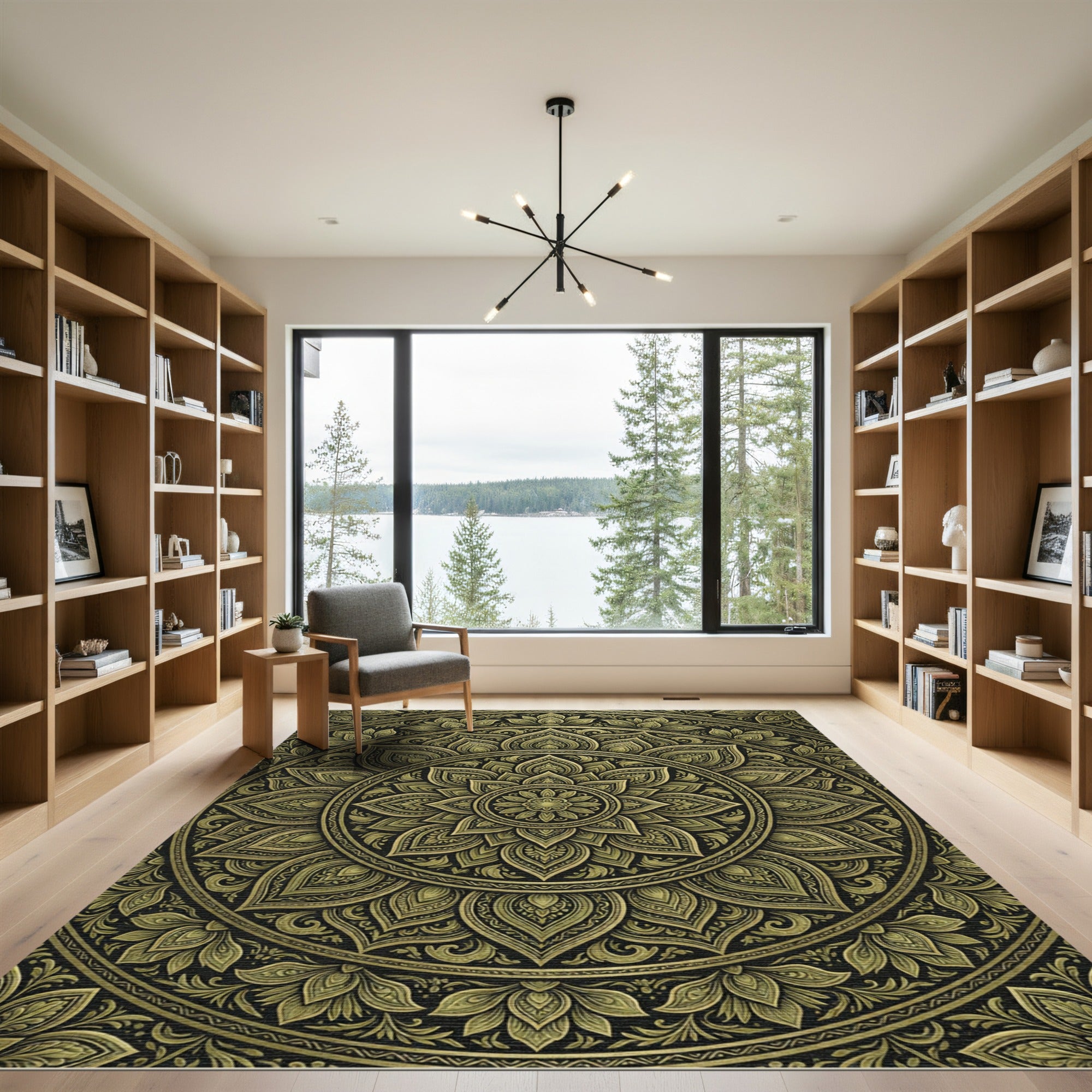 Gold Mandala Art In Black Rug
