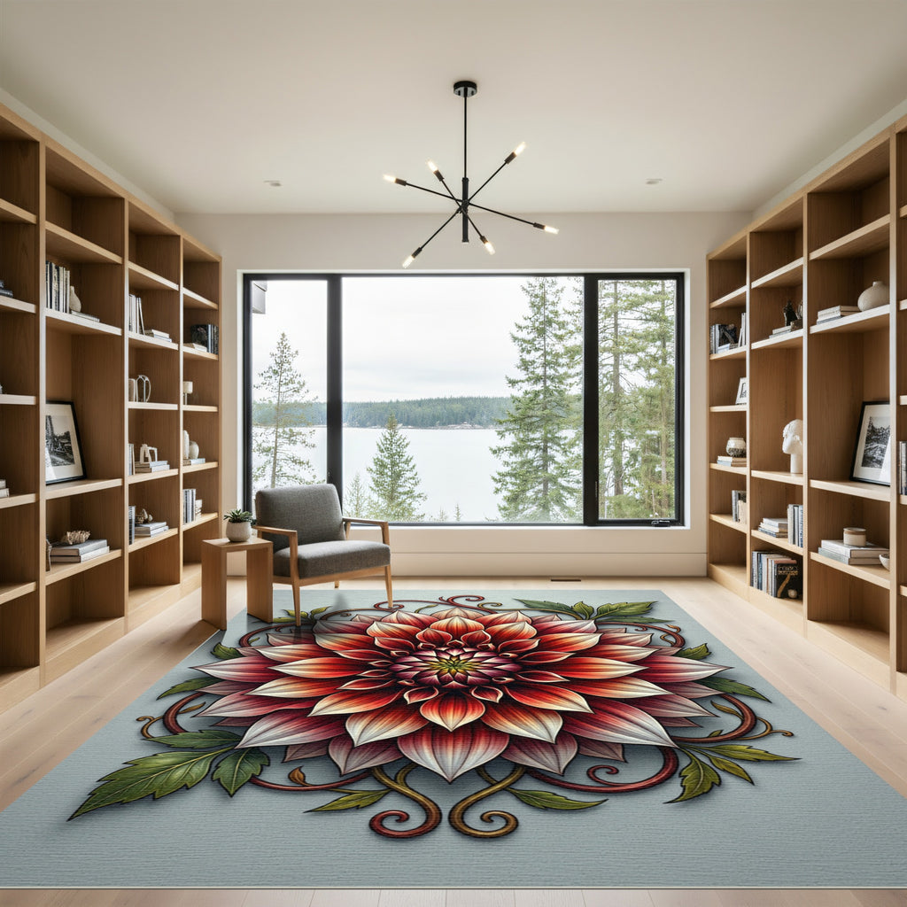 Vibrant Crimson Dahlia Floral Medallion Rug