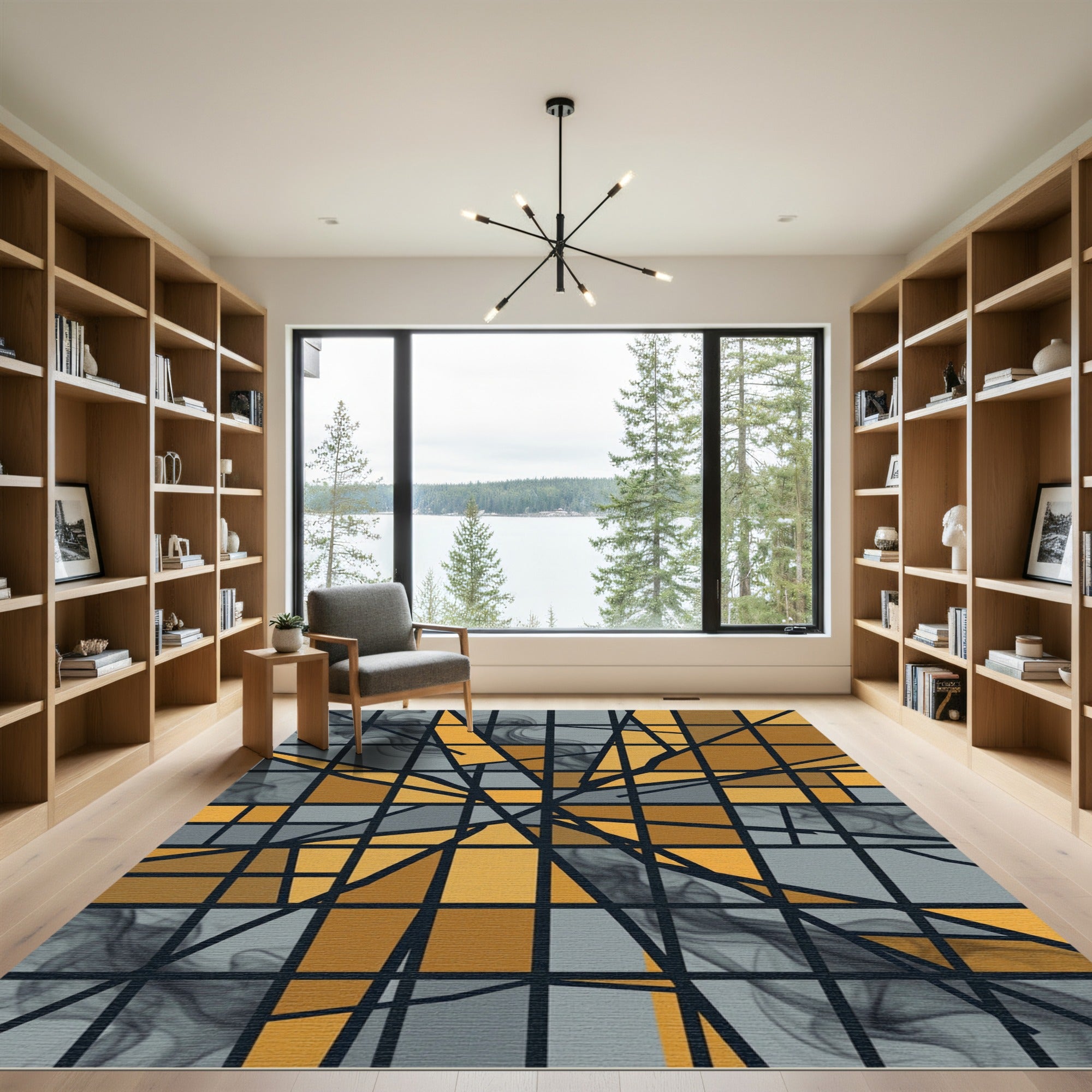 Abstract Geometric Gold and Slate Grid Rug