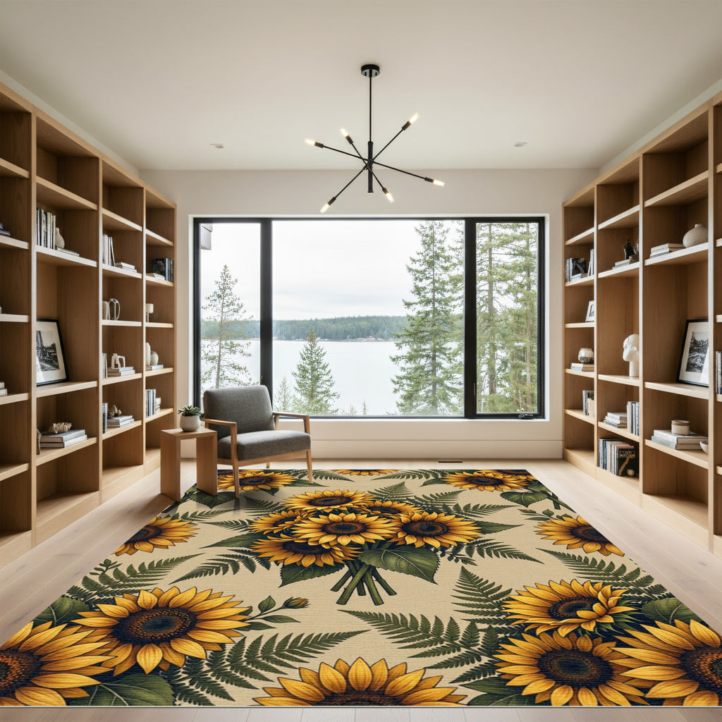 Golden Sunflower and Fern Bouquet Rug