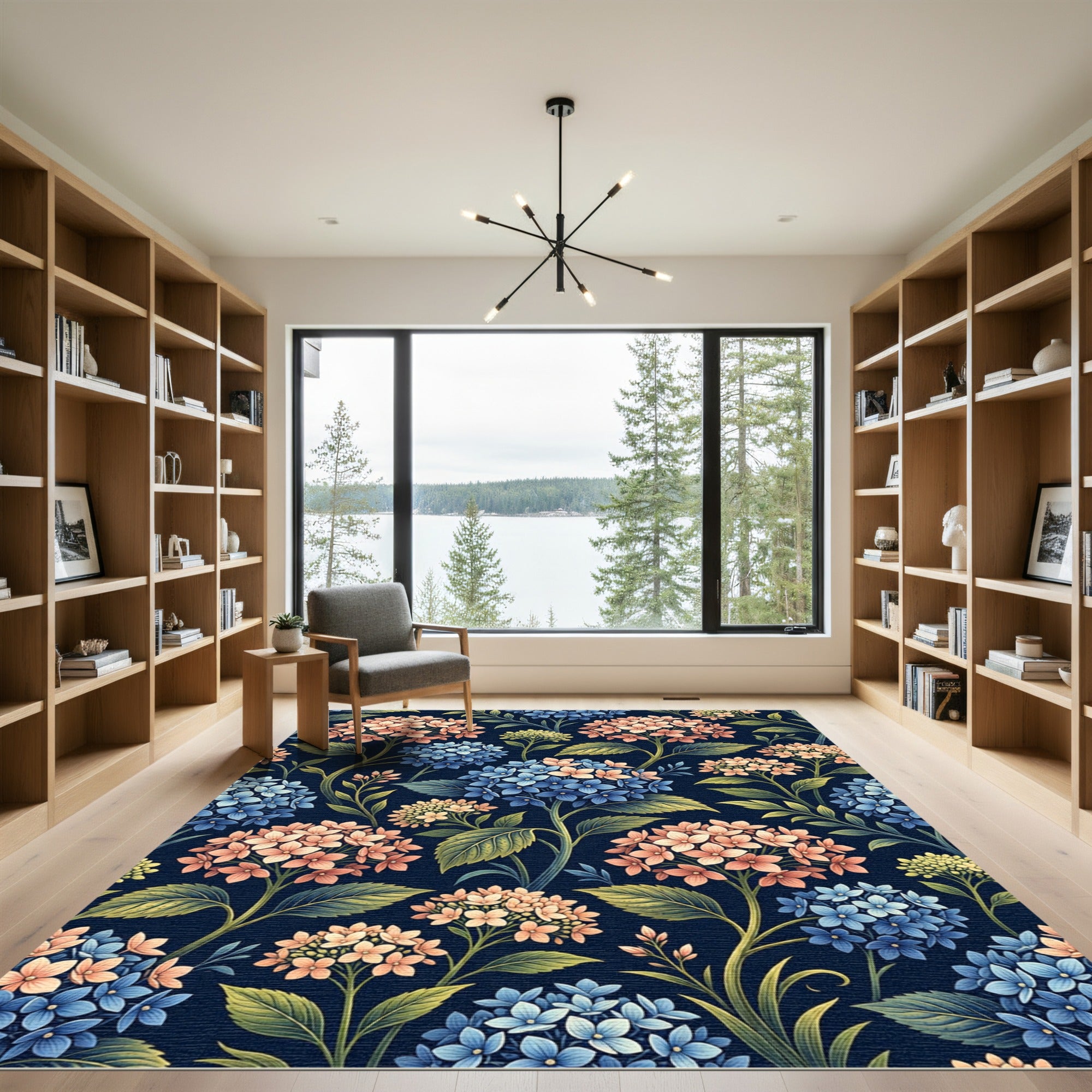 Navy Blue Botanical Hydrangea Bloom Rug